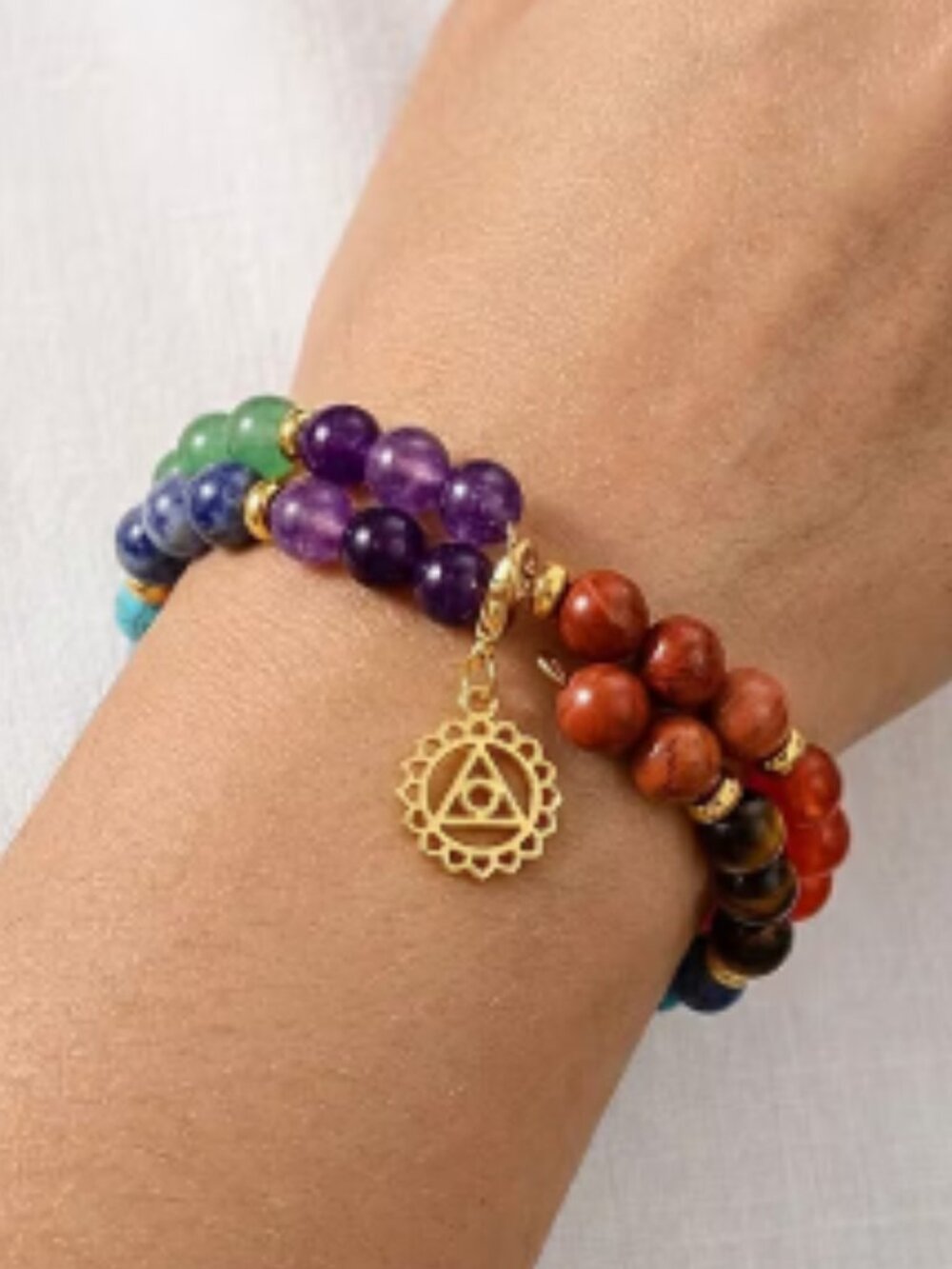 Multi Gemstone Seven Chakra Stretch Bracelet with 7pcs Hand Charm